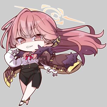 1girl absurdres aru_(blue_archive) black_skirt blue_archive blunt_bangs breasts buttons chibi chibi_only coat coat_on_shoulders collared_shirt commentary_request demon_girl demon_horns derivative_work double-breasted eyelashes fighting_stance floating_hair full_body fur-trimmed_coat fur_trim gloves grey_background grin hair_between_eyes halo hand_up high-waist_skirt highres horns large_breasts long_hair nckak9rjjdjff4e neck_ribbon outline outstretched_arm pencil_skirt pink_hair pink_halo red_ribbon ribbon school_uniform shaded_face shirt side_slit sidelocks simple_background skirt slit_pupils smile solo standing v-shaped_eyebrows very_long_hair white_gloves white_outline white_shirt yellow_eyes
