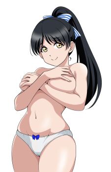 1girl bare_arms bare_legs bare_shoulders black_hair blue_bow bow breasts cameltoe grabbing_own_breast hair_ribbon hazuki_ren highres long_hair looking_at_viewer love_live! love_live!_superstar!! love_love_comedy narrow_waist navel panties ponytail ribbon simple_background smile solo stomach striped_ribbon underwear white_background white_panties wide_hips yellow_eyes
