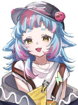 1girl :d absurdres animal_ear_fluff animal_ears arknights black_jacket blue_hair brown_eyes collarbone commentary_request fang flat_cap grey_hat hat highres jacket lightning_bolt_symbol long_hair looking_at_viewer mi_(kome_illust) multicolored_hair off_shoulder open_clothes open_jacket open_mouth pink_hair shirt short_eyebrows short_sleeves simple_background smile solo streaked_hair thick_eyebrows tippi_(arknights) upper_body white_background white_shirt