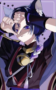 Rule 34 | 1boy, absurdres, animal ear fluff, animal ears, armor, bell, black bodysuit, black hair, black kimono, black sleeves, blunt ends, bodysuit, border, cat boy, cat ears, commentary request, fingernails, furisode, genshin impact, gold, hands up, heart, heart hands, highres, iwoarazumi129, japanese armor, japanese clothes, jewelry, jingle bell, juban, kimono, kote, kurokote, layered sleeves, looking at viewer, male focus, mandarin collar, multicolored hair, neck bell, neck ring, open clothes, open kimono, paw print, purple background, purple eyes, purple hair, purple rope, purple sash, purple sleeves, red kimono, red pupils, red sash, rope, sash, scaramouche (genshin impact), shimenawa, short sleeves, shoulder peek, single sode, slit pupils, solo, streaked hair, tassel, thumbs down, thumbs down heart hands, tongue, tongue out, twitter username, upper body, white border, white kimono, white rope, white trim