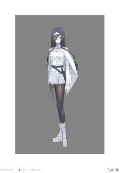 1girl absurdres artist_name ascot belt black_belt black_hair boots border brown_pantyhose cape closed_mouth commentary expressionless full_body gloves grey_background grey_eyes highres instagram_logo instagram_username jacket jin_yu0810 knee_boots knife_sheath long_hair long_sleeves looking_at_viewer mole mole_under_mouth one_eye_covered original pantyhose pixiv_logo sheath solo standing twitter_username twitter_x_logo white_ascot white_boots white_border white_cape white_gloves white_jacket