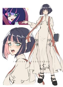 1girl alternate_hairstyle black_shoes blue_eyes blunt_bangs bob_cut capelet cassock colored_inner_hair criis-chan full_body looking_at_viewer looking_back multicolored_hair open_mouth panty_&amp;_stocking_with_garterbelt pelvic_curtain reference_inset shoes short_hair solo standing stocking_(psg) stole thighhighs two-tone_hair white_background white_thighhighs