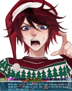 1boy anger_vein black_hair blue_eyes christmas_sweater fangs hair_between_eyes hand_up hat long_sleeves male_focus multicolored_hair red_hair red_hat ropi_(gmkr_66) santa_hat screenshot_inset short_hair simple_background streaked_hair sumino_takumi teeth the_hundred_line_-last_defense_academy- tongue two-tone_hair white_background