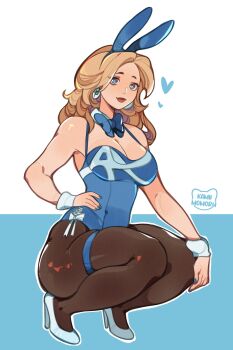 1girl absurdres adapted_costume alternate_costume animal_ears artist_logo belt black_pantyhose blonde_hair blue_background blue_bow blue_bowtie blue_eyes blue_leotard blue_nails bow bowtie breasts cleavage commentary earrings english_commentary fake_animal_ears fantastic_four full_body hand_on_own_knee heart high_heels highres jewelry kamii_momoru leotard logo long_hair looking_at_viewer marvel marvel_rivals nail_polish nontraditional_playboy_bunny outline pantyhose playboy_bunny rabbit_ears shoes solo squatting sue_storm thigh_belt thigh_strap two-tone_background white_background white_outline white_shoes white_wrist_cuffs wrist_cuffs