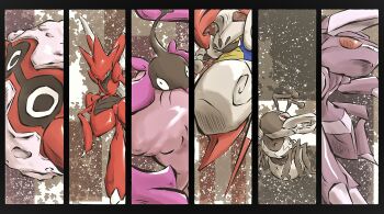 antennae black_border border bug commentary_request durant escavalier eyelashes fangs forretress gen_2_pokemon gen_4_pokemon gen_5_pokemon genesect highres ken_hollow legendary_pokemon mandibles mythical_pokemon nintendo pokemon pokemon_(creature) pokemon_focus scizor trait_connection wormadam wormadam_(trash) yellow_eyes