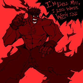 Rule 34 | abs, blank eyes, chest hair, commentary, cowboy shot, dark persona, english commentary, english text, evil ryu, fingerless gloves, genc, gloves, headband, muscular, muscular male, nipples, open mouth, pectorals, red background, ryu (street fighter), short hair, simple background, speech bubble, spiked hair, street fighter, teeth, topless male