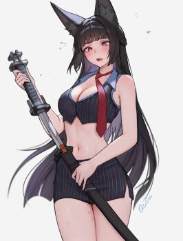 1girl absurdres alternate_costume animal_ear_fluff animal_ears black_hair black_skirt black_vest blunt_bangs blush breasts cleavage flying_sweatdrops fox_ears fox_girl highres holding holding_sword holding_weapon hoshimi_miyabi medium_breasts navel necktie open_mouth pencil_skirt quilm red_eyes red_necktie sheath simple_background skirt solo stomach striped_clothes striped_skirt sweatdrop sword unsheathing vest weapon white_background zenless_zone_zero