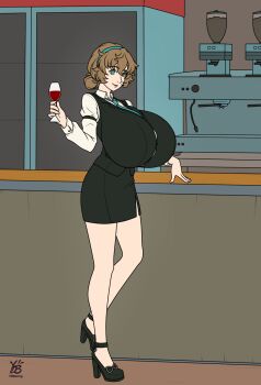 1girl breasts coffee_maker cup drinking_glass female_focus flat_color full_body gigantic_breasts green_eyes high_heels highres looking_at_viewer necktie persona persona_5 persona_5:_the_phantom_x shiina_yumi short_hair skirt solo wine_glass ydbunny
