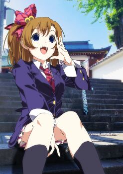 1girl :d akihabara_(tokyo) black_socks blue_eyes blue_jacket bow brown_hair collared_shirt commentary day english_commentary feet_out_of_frame hair_bobbles hair_bow hair_ornament hand_up highres insomnia_(insomnia_plus) jacket kneehighs kosaka_honoka long_hair long_sleeves love_live! love_live!_school_idol_project miniskirt necktie one_side_up open_mouth otonokizaka_school_uniform outdoors parted_bangs photo_background pleated_skirt red_bow red_necktie school_uniform shirt sitting sitting_on_stairs skirt smile socks solo stairs white_shirt white_skirt