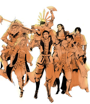 Rule 34 | armor, carrying, carrying person, date masamune (sengoku musou), fan, folding fan, hand fan, helmet, highres, ishida mitsunari (sengoku musou), maeda keiji (sengoku musou), monochrome, naoe kanetsugu (sengoku musou), saika magoichi (sengoku musou), sanada yukimura (sengoku musou), sengoku musou, shima sakon (sengoku musou), sitting on shoulder, toyotomi hideyoshi (sengoku musou)