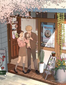 blonde_hair brown_hair cherry_blossoms collared_shirt crumby_joy donut falling_petals feeding flower food full_body highres iwakura_mitsumi jacket kneehighs long_sleeves outdoors pants petals pink_shirt plaid_clothes plaid_skirt plant potted_plant shima_sousuke shirt shoes skip_to_loafer skirt socks sweater white_shirt