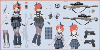 1girl ai_ax_rifle ammunition arm_tattoo barbell_piercing black_gloves black_pantyhose blue_leg_warmers blue_skirt bolt_action bow breast_pocket breasts chest_harness closed_mouth collared_shirt color_guide commentary_request dog_tags dress_shirt ear_piercing ear_protection full_body glock gloves gun hair_bow hair_ornament hairclip handgun harness height highres holster holstered industrial_piercing leg_warmers light_blush load_bearing_equipment looking_at_viewer magazine_(weapon) medium_breasts microphone multicolored_nails multiple_views nail_polish orange_eyes orange_hair orange_nails original pantyhose parallel_hairclips partially_fingerless_gloves piercing plaid_clothes plaid_skirt pleated_skirt pocket ponytail pouch purple_nails reference_sheet rifle rifle_cartridge safety_glasses school_uniform shirt shoes skirt sleeves_rolled_up sneakers sniper_rifle spiked_ear_piercing standing sthk tactical_school_uniform tattoo thigh_strap turnaround weapon white_shirt white_shoes
