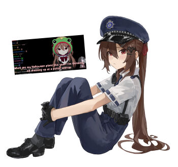 1girl black_gloves black_shoes blue_necktie blue_pants broken_heart broken_heart_hair_ornament closed_mouth evil_neuro-sama from_side full_body gloves grey_socks hair_between_eyes hair_ornament hair_ribbon hairclip hashtag-only_commentary hat heart highres long_hair looking_at_viewer looking_to_the_side mbkona necktie neuro-sama on_floor pants police police_hat police_uniform policewoman red_eyes red_ribbon ribbon screenshot_inset shirt shoes short_sleeves simple_background socks solo two_side_up vedal_ai virtual_youtuber walkie-talkie white_background white_shirt
