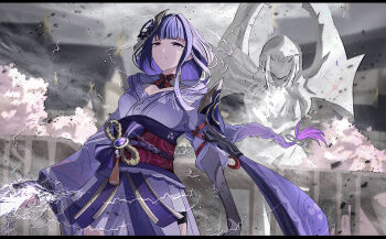 1girl absurdres blunt_bangs blurry blurry_background braid bridal_gauntlets cherry_blossoms cloud cloudy_sky commentary_request electricity genshin_impact glowing glowing_weapon gradient_hair grey_background grey_sky hair_ornament hair_ribbon highres japanese_clothes kimono leaning_to_the_side long_braid long_hair multicolored_hair neck_ribbon no_mole outdoors purple_eyes purple_hair purple_kimono raiden_shogun red_ribbon red_sash ribbon sash shade single_braid sky solo standing statue statue_of_the_seven storm tree upper_body weapon wind wings zeroartwo