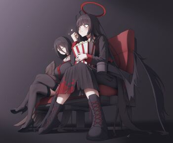 2girls absurdres antenna_hair bags_under_eyes black_boots black_hair black_serafuku black_shoes black_thighhighs black_wings blue_archive blush boots commentary_request crossed_legs eating feathered_wings food hair_between_eyes halo hasumi_(blue_archive) highres knee_boots long_hair long_hair_between_eyes multiple_girls popcorn red_eyes red_halo revision samgong school_uniform serafuku shoes sitting sleeping thighhighs tsurugi_(blue_archive) untied_shoelaces very_long_hair wings