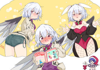 animal_ears blush book bow braid breasts crossed_arms denim denim_shorts doremy_sweet dress fake_animal_ears fishnet_pantyhose fishnets from_behind full-face_blush hat highleg highleg_leotard highres holding holding_book image_in_thought_bubble jacket kishin_sagume leotard long_sleeves looking_at_another looking_back medium_breasts multiple_views nightcap open_clothes pantyhose pink_bow pink_leotard playboy_bunny pom_pom_(clothes) purple_eyes purple_hair purple_shirt rabbit_ears reading red_eyes shirt short_hair shorts single_wing strapless strapless_leotard sweat tatutaniyuuto touhou white_hair white_wings wings wrist_cuffs