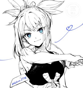 1girl bare_shoulders blue_eyes breasts closed_mouth dr._stone heart high_ponytail highres holding holding_sword holding_weapon kohaku_(dr._stone) looking_at_viewer monochrome ponytail simple_background smile solo spot_color sword tatara_5738 twitter_username upper_body weapon white_background