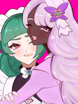 2girls ;d blush commentary_request dark-skinned_female dark_skin hand_up highres hug jacinthe_(pokemon) lebanne_(pokemon) long_hair looking_at_another looking_at_viewer multiple_girls nariyusan331 nintendo one_eye_closed open_mouth pink_background pokemon pokemon_legends:_z-a purple_eyes red_eyes simple_background smile sweatdrop teeth tilted_headwear upper_teeth_only