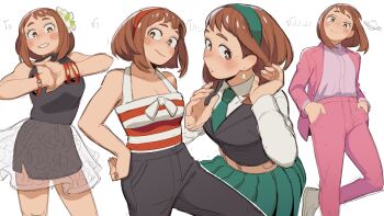 1girl alternate_costume belt black_dress black_pants black_vest blush boku_no_hero_academia bracelet breasts bright_pupils brown_belt brown_eyes brown_hair cleavage closed_mouth collarbone collared_shirt dress eyelashes fingernails flower green_hairband green_necktie green_skirt hair_flower hair_ornament hairband hand_in_own_hair hand_on_own_hip hands_in_pockets highres jacket jewelry lc._universe long_sleeves multiple_bracelets necktie open_clothes open_jacket own_hands_together pants pink_jacket pink_pants purple_shirt red_hairband see-through_clothes see-through_skirt shirt short_hair simple_background skirt sleeveless sleeveless_dress smile striped_tank_top tank_top uraraka_ochako vest white_background white_pupils white_shirt