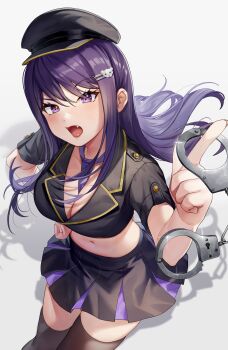 1girl between_breasts black_hat black_jacket black_skirt black_thighhighs blush breasts cleavage crop_top cropped_jacket cuffs fang feet_out_of_frame glint hand_on_own_hip handcuffs hat highres illian-san indie_virtual_youtuber jacket ksp_(vtuber) lips long_hair looking_at_viewer midriff navel necktie necktie_between_breasts open_mouth peaked_cap purple_eyes purple_hair purple_necktie raised_eyebrow shadow short_sleeves sidelocks skirt solo thighhighs virtual_youtuber