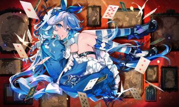 1girl alice&#039;s_adventures_in_wonderland alice_(alice_in_wonderland) alice_(alice_in_wonderland)_(cosplay) alternate_costume black_shoes blue_dress blue_hair card cosplay dress drop-shaped_pupils fetal_position floating_card furina_(genshin_impact) genshin_impact grey_hair heterochromia high_heels hirai_yuzuki long_hair looking_at_viewer lying on_side open_mouth picture_frame playing_card shoes socks solo spotlight striped_clothes striped_socks symbol-shaped_pupils