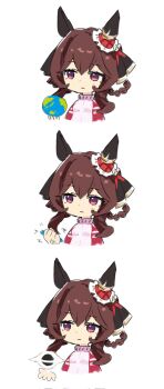 1girl animal_ears black_hole brown_hair closed_mouth corrupted_twitter_file crushing ear_covers earth_(planet) gentildonna_(umamusume) hair_rings highres horse_ears jacket long_hair moru_(monaka) pink_eyes planet red_jacket sequential solo track_jacket umamusume white_background