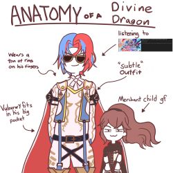Rule 34 | 1boy, 1girl, :3, absurdres, alear (fire emblem), alear (male) (fire emblem), anatomy of a gamer (meme), anna (fire emblem), arms behind back, blue hair, cape, closed mouth, commentary, crossed bangs, dress, english commentary, english text, enigmaticexalt, fire emblem, fire emblem engage, highres, long hair, looking at viewer, meme, multicolored hair, nintendo, ponytail, red cape, red hair, short hair, smile, sunglasses, two-tone hair, white background