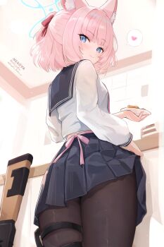 Rule 34 | 1girl, absurdres, animal ear fluff, animal ears, apron, artist name, black pantyhose, blue archive, blue eyes, blue halo, blush, closed mouth, commentary request, fox ears, halo, heart, highres, long sleeves, looking at viewer, nekoya (liu), niko (blue archive), pantyhose, pink hair, pleated skirt, school uniform, skirt, solo, speech bubble, spoken heart