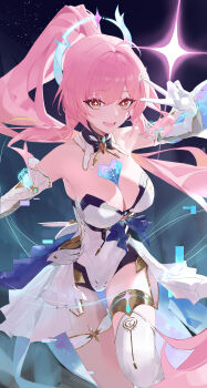 1girl absurdres aemeath_(wuthering_waves) breasts chinese_commentary commentary_request elbow_gloves glitch gloves hair_ornament highres large_breasts leotard long_hair looking_at_viewer lqk_(pixiv_40481191) open_mouth orange_eyes partial_commentary pink_hair ponytail showgirl_skirt skirt smile solo star-shaped_pupils star_(symbol) symbol-shaped_pupils tacet_mark_(wuthering_waves) v white_gloves white_leotard white_skirt wuthering_waves