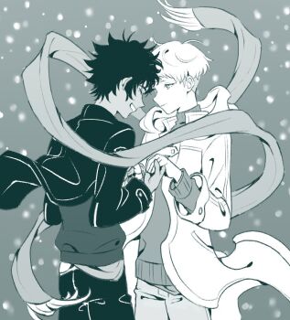 Rule 34 | 2boys, arms up, asuka ryou, closed eyes, closed mouth, coat, commentary request, couple, cowboy shot, devilman, devilman crybaby, floating clothes, fudou akira, grin, holding hands, hood, hood down, hooded coat, huziqunzi, jacket, layered sleeves, long sleeves, looking at another, male focus, monochrome, multiple boys, pants, scarf, short hair, smile, snow, snowing, teeth, turtleneck, yaoi