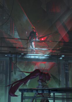 1boy 1girl absurdres blonde_hair bodysuit cable catwalk_(walkway) clenched_hand commentary_request gloves glowing glowing_eye green_jacket hair_ornament hair_stick hand_up high_ponytail highres jacket king_kittan kittan_bachika male_focus mecha neg_(101neg) paid_reward_available ponytail red_eyes red_hair robot science_fiction short_hair spiked_hair standing super_robot tengen_toppa_gurren_lagann tengen_toppa_gurren_lagann:_lagann-hen white_bodysuit white_gloves white_jacket yoko_littner