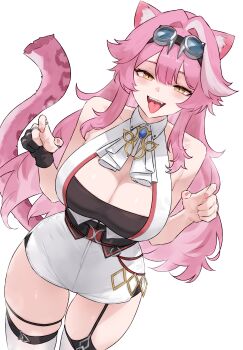 1girl absurdres animal_ears ascot bare_shoulders black_garter_straps black_gloves blue_gemstone bluefield blush breasts cleavage collarbone collared_shirt commentary fangs fingernails garter_straps gem gloves goggles goggles_on_head hair_intakes half_gloves highres hololive hololive_english jewelry large_breasts long_hair looking_at_viewer multicolored_hair multiple_rings nail_polish open_mouth panther_ears panther_girl panther_tail pink_hair pink_nails pink_tail raora_panthera raora_panthera_(1st_costume) ring shirt shorts simple_background single_garter_strap single_glove single_half_glove sleeveless sleeveless_shirt smile solo streaked_hair tail teeth thighhighs thighs tongue tongue_out upper_teeth_only virtual_youtuber white_ascot white_background white_shirt white_shorts white_thighhighs yellow_eyes