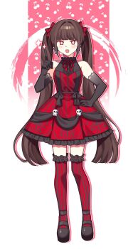 1girl alternate_costume bare_shoulders black_bow black_gloves black_shirt black_shoes blunt_bangs bow bright_pupils brown_hair center_frills cherry collared_shirt commentary_request danganronpa_(series) danganronpa_v3:_killing_harmony dot_nose dress dress_bow dress_shirt earrings elbow_gloves food food-themed_background frilled_dress frilled_shirt_collar frilled_socks frills fruit full_body gloves gothic_lolita hair_bow hair_intakes halter_shirt halterneck hand_on_own_hip harukawa_maki highres jewelry lace lace-trimmed_gloves lace_trim light_blush lolita_fashion long_hair mary_janes mole mole_under_eye neck_ribbon open_mouth over-kneehighs pleated_dress pointing pointing_up print_dress red_background red_bow red_dress red_eyes red_ribbon red_socks ribbon ribbon-trimmed_socks ribbon_trim shirt shirt_under_dress shoes short_dress skull_earrings socks solo sparkle standing strapless strapless_dress striped_bow striped_clothes striped_dress striped_socks teeth thighhighs tsurime twintails two-tone_background upper_teeth_only vertical-striped_clothes vertical-striped_dress vertical-striped_socks very_long_hair waka_(wk4444) wavy_hair white_background white_pupils