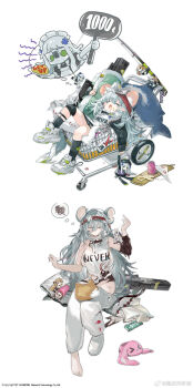 1girl absurdres aged_down animal_ears assault_rifle black_socks blanket blush_stickers bullpup caseless_firearm character_doll closed_eyes clothes_writing copyright_notice cui_pi_zha_xia_qiu doll fish-shaped_pillow fishing_rod full_body g11_(fluffy_dumptruck)_(girls'_frontline) g11_(girls'_frontline) girls'_frontline green_blanket grey_hair gun h&amp;k_g11 headband highres hk416_(black_kitty's_gift)_(girls'_frontline) hk416_(girls'_frontline) in_cart jitome kemonomimi_mode knee_pads long_hair lying mouse_ears multiple_views notched_ear official_alternate_costume official_art on_back open_mouth paper_hat patchwork_clothes paw_print red_headband rifle sale shoes shopping_cart simple_background single_knee_pad sleeping sneakers socks spoken_squiggle spool squiggle sticker stitches ump45_(agent_lop_rabbit)_(girls'_frontline) ump45_(girls'_frontline) ump9_(girls'_frontline) ump9_(shiba_investigator)_(girls'_frontline) very_long_hair watermark weapon weibo_username weibo_watermark white_background white_shoes zzz