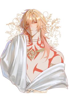 1boy arm_up body_markings closed_mouth collarbone commentary cropped_torso english_commentary frown gradient_hair highres honkai:_star_rail honkai_(series) jewelry khakha240478476 long_hair looking_at_viewer male_focus multicolored_hair mydei_(honkai:_star_rail) necklace parted_bangs parted_hair robe solo unfinished white_background white_robe