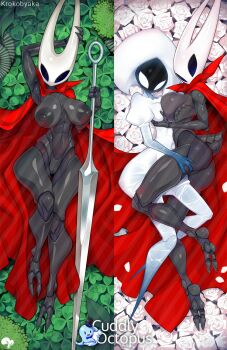 2girls alternate_breast_size_(larger) arthropod_girl artist_name black_skin breasts cloak colored_skin dakimakura_(medium) english_text flower full_body highres holding holding_weapon hollow_eyes hollow_knight horned_mask hornet_(hollow_knight) krokobyaka lace_(hollow_knight) large_breasts lying mask multiple_girls needle_(hollow_knight) on_back puffy_sleeves red_cloak smile weapon white_eyes white_flower white_mask white_skin