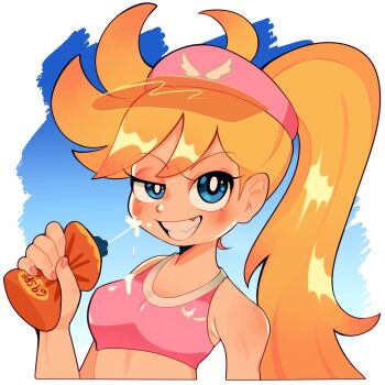 Rule 34 | 1girl, applying sunscreen, blonde hair, blue eyes, clem (calmeremerald), highres, holding sunscreen, naughty face, panty &amp; stocking with garterbelt, panty (psg), pink top, ponytail, smile, swimsuit, visor cap