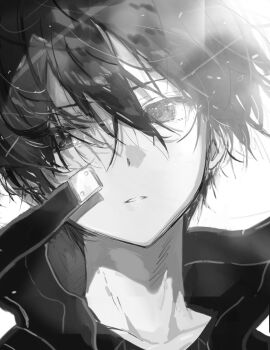 1boy coat greyscale hair_between_eyes high_collar highres kirito looking_to_the_side male_focus monochrome ogura_ari parted_lips portrait simple_background solo sword_art_online tears wind