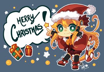 1girl animated animated_gif autumn_leaves bell boots box candy candy_cane capelet chibi christmas christmas_ornaments commentary english_commentary english_text food full_body fur-trimmed_headwear fur_trim gift gift_box green_eyes hair_ornament happy_holidays hat jingle_bell leaf long_hair maple_leaf merry_christmas orange_hair original pointy_ears red_capelet ribbon sandragh santa_boots santa_costume santa_hat signature simple_background smile snowflake_hair_ornament solo speech_bubble very_long_hair