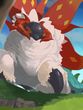 absurdres blue_sky bug cloud day grass highres insect moth nintendo no_humans outdoors pokemon pokemon_(creature) sky slither_wing tree white_fur wings yunimaru