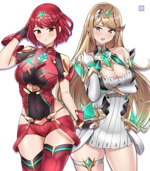2girls arm_under_breasts blonde_hair bob_cut boots breasts brown_eyes brown_gloves chest_jewel cleavage cleavage_cutout clothing_cutout commentary core_crystal_(xenoblade) covered_navel cowboy_shot dress earrings elbow_gloves freshtango gem gloves green_gemstone hand_in_own_hair highres impossible_clothes jewelry large_breasts long_hair looking_at_viewer micro_shorts microdress multiple_girls mythra_(xenoblade) open_mouth parted_lips pyra_(xenoblade) red_boots red_eyes red_hair red_shorts short_hair shorts simple_background sleeveless sleeveless_dress swept_bangs teeth thigh_boots thigh_strap tiara upper_teeth_only white_background white_dress white_gloves xenoblade_chronicles_(series) xenoblade_chronicles_2