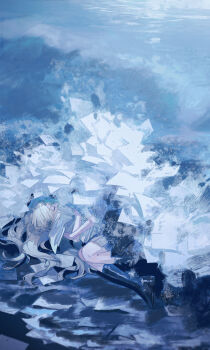 1girl absurdres black_shoes closed_eyes commentary curtained_hair dress_shirt full_body highres holding holding_paper hugging_object isekaijoucho kamitsubaki_studio kneehighs loafers long_hair lying miniskirt on_side pages paper pleated_skirt school_uniform shirt shoes skirt socks solo virtual_youtuber walluka water waves white_hair white_shirt