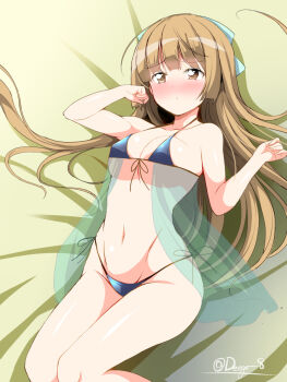 1girl aqua_bow bare_arms bare_legs bed_sheet bikini black_bikini blunt_bangs blush bow breasts brown_eyes brown_hair bush closed_mouth collarbone commentary_request deego_(omochi_bazooka) dot_mouth hair_bow highres idolmaster idolmaster_cinderella_girls long_hair lying navel on_back small_breasts solo swimsuit thighs twitter_username variant_set very_long_hair yorita_yoshino