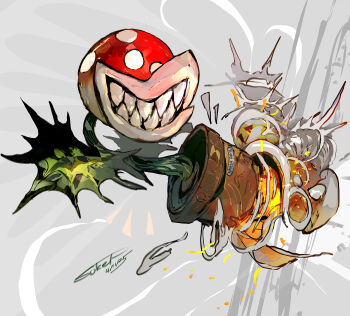 Rule 34 | absurdres, commentary request, dynamic pose, fire, grey background, highres, leaf, mario (series), nintendo, no humans, piranha plant, plant, potted plant, sharp teeth, smoke, soil, sukepmonster, super smash bros., teeth
