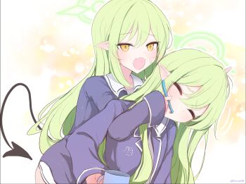 2girls black_tail blue_archive blue_shirt brushing_another's_teeth closed_eyes commentary_request cup demon_girl demon_tail fang green_hair green_halo hair_down halo highres hikari_(blue_archive) holding holding_cup long_hair long_sleeves multiple_girls nozomi_(blue_archive) open_mouth pointy_ears sakurano_rocco shirt skin_fang tail toothbrush yellow_eyes