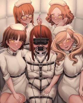 5girls absurdres blindfold blonde_hair blush bodysuit bound bound_arms bound_legs brown_hair dankestofdans gag gag_harness gagged hat highres holding holding_syringe licking_lips looking_at_viewer multiple_girls niijima_makoto nurse nurse_cap okumura_haru orange_hair padded_walls panel_gag persona persona_5 sakura_futaba shadow_(persona) smile straitjacket syringe takamaki_anne tongue tongue_out twintails variant_set white_bodysuit yellow_eyes yoshizawa_kasumi yuri