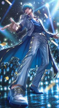 Rule 34 | 1boy, alternate costume, blue hair, blue vest, brant (wuthering waves), commentary, english commentary, highres, idol, jacket, jewelry, looking to the side, male focus, open mouth, pants, pink eyes, ring, sae naiyatsu, shoes, short hair, smile, solo, tailcoat, turning head, twitter username, vest, white jacket, white pants, white shoes, wuthering waves