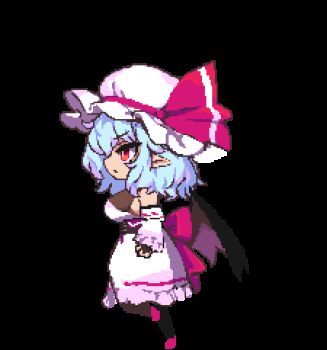 1girl adapted_costume alternate_breast_size animated animated_gif bat_wings blue_hair breasts chibi detached_sleeves dress hat large_breasts mob_cap namako_daibakuhatsu pixel_art pointy_ears red_eyes remilia_scarlet running short_hair solo solo_focus touhou vampire wings