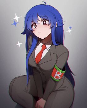 +_+ 1girl armband black_eyes black_pants black_suit blue_hair bongbong_(project_moon) collared_shirt employee_(project_moon) formal_clothes gradient_background highres jacket lobotomy_corporation long_hair misg1111 necktie nugget_(project_moon) pants project_moon red_armband red_necktie shirt sidelocks sitting solo sparkle suit suit_jacket white_shirt