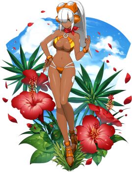 1girl alternate_color alternate_hair_color android bikini blue_sky blunt_bangs bracelet breasts cloud flower full_body hair_over_one_eye hand_on_own_hip headset high_ponytail highres jewelry large_breasts layer_(mega_man) long_hair looking_at_viewer mega_man_(series) mega_man_x_(series) mega_man_x_dive mizuno_keisuke mole mole_under_eye official_art ponytail scarf silver_hair sky smile solo summer swimsuit transparent_background